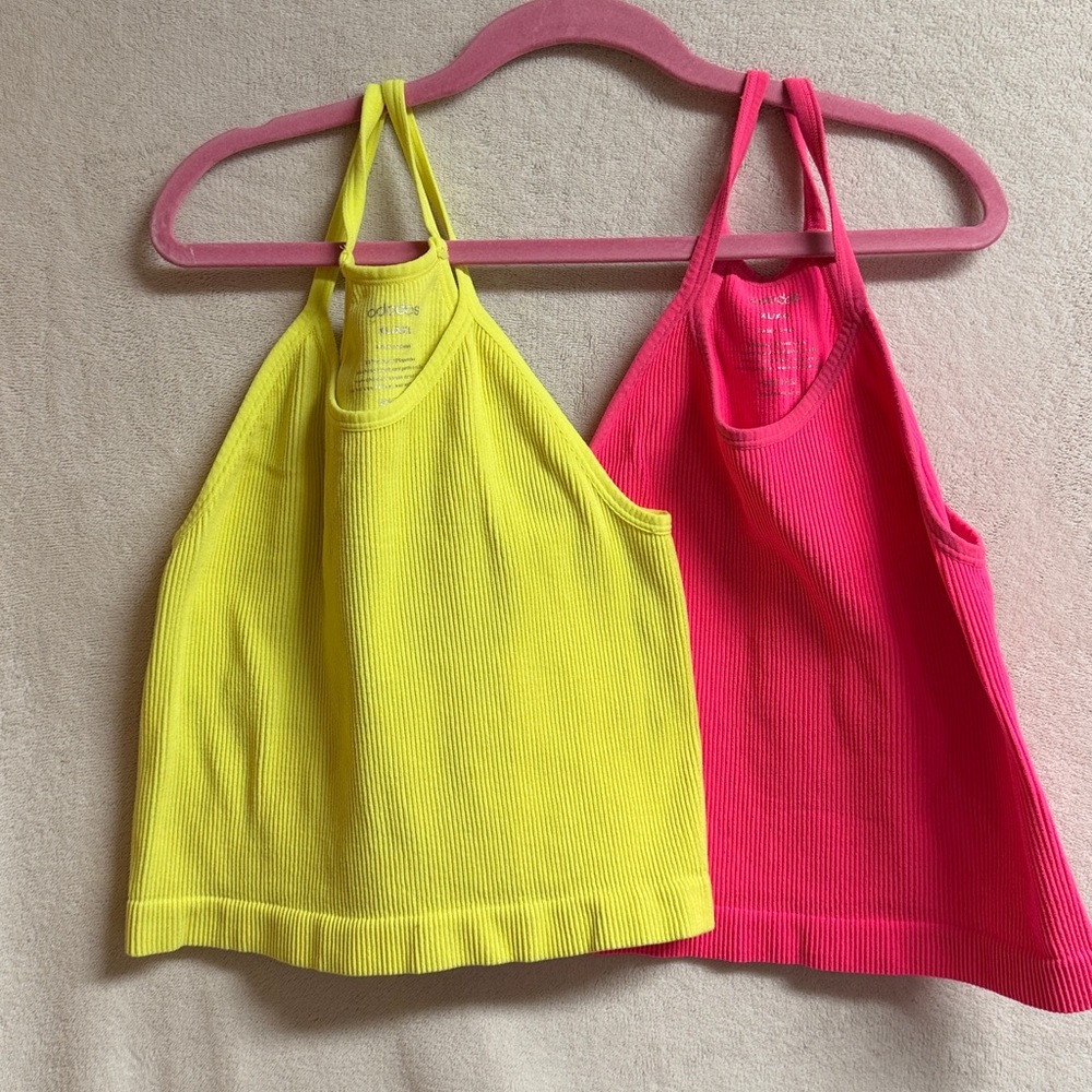 Yellow and Pink pair of  Ribbed Halter Crop Tank Top - Women's